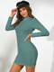 Solid Backless Mock Neck Long Sleeve Sexy Bodycon Knit Mini Dress - Green