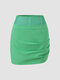 Solid Mesh Stitch Pleated Invisible Zip Mini Skirt - Green