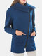 Solid Color Zipper Lapel Coat With Side Pocket For Women - Blue