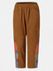 Solid Color Patchwork Pocket Elastic Waist Casual Pant for Women - Brown