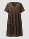 Vintage Printed V-neck Short Sleeve Summer Dress - Black