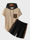Mens Ethnic Pattern Patchwork Hooded Short Sleeve Two Pieces Outfits - Khaki