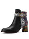 SOCOFY Ankle Buckle Strap Decor Retro Floral Printed Splicing Leather Comfy Chunky Heel Ankle Boots - Black