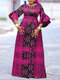 Plus Size Women Allover Print Crew Neck Bell Sleeve Maxi Dress - Rose