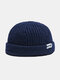 Unisex Knitted Solid Color Letter Patch All-match Warmth Brimless Beanie Landlord Cap Skull Cap - Navy