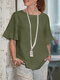 Blusa feminina sólida com gola redonda de algodão casual com babados - Exército verde