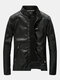 Mens Fashion PU Leather Multi Pockets Long Sleeve Stand Collar Slim Fit Jackets - Black