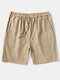 Mens Cotton Linen Solid Color Basics Mid Length Drawstring Shorts - Khaki