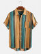 Mens Vintage Oli Painting Striped Casual Chest Short Sleeve Shirts - Green