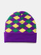 Unisex Acrylic Knitted Leopard Color Contrast Striped Argyle Jacquard Elastic Warmth Brimless Beanie Hat - Purple 1