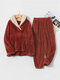 Women Fluffy Plush Thicken Lapel High Low Hem Loungewear Warm Pajamas Set - Red