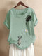 Daisy Cartoon Cat Print Short Sleeve O-neck Plus Size T-shirt - Green