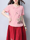 Landscape Prints Embroidery Dish Short Sleeve O-neck Vintage T-shirt - Pink