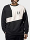 Mens Smile Face Print Contrast Patchwork Crew Neck Pullover Sweatshirts - Black