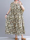 Geometry Print O-neck Pleated Sleeveless Loose Vintage Women Dress - Khaki