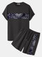 Mens Monochrome Floral Print Patchwork Crew Neck Two Pieces Outfits Winter - Black