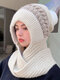 Women Knitted Plus Velvet Color-match Pleated Stripes Fur Ball Decoration One-piece Scarf Hat Anti-cold Ear Protection Beanie Hat - Beige