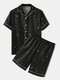 Star Pattern Cozy Sleepwear Set Two Pieces Summer Soft Lapel Collar Pajamas Set in Black - Black