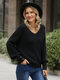 Solid Drop Shoulder V-neck Long Sleeve Sweater For Women - Black