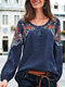 Vintage Embroidery Floral Long Sleeve Casual Blouse - Blue