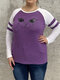 Plus Size Cat Print Striped Contrast Color O-neck Casual T-shirt - Purple