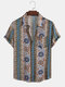 Mens Ethnic Floral Striped Print Button Up Short Sleeve Shirts - Apricot