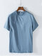 Mens Cotton Linen Thin Breathable Patchwork Short Sleeve T-Shirt w Zipper - Blue