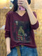 Women Print Long Sleeves V-neck Thin Knitted Sweater - #09
