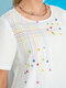 Blusa de algodón informal con cuello redondo y manga corta bordada para Mujer - Blanco