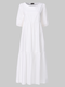 Solid Color O-neck Puff Sleeve Plus Size Dress for Women - White