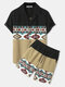 Mens Ethnic Geometric Print Patchwork Revere Collar Corduroy Two Pieces Outfits - Khaki