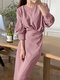 Solid Pleated Long Sleeve Crew Neck Casual Dress For Women - Pink