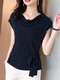 Solid Cowl Neck Short Sleeve Bowknot Blouse - Navy