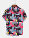 Mens Colorful Abstract Geometric Print Lapel Short Sleeve Shirts - Multi Color