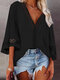 Solid Lace Stitch V-neck 3/4 Sleeve Loose Blouse For Women - Black