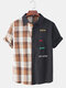 Mens Design Plaid & Slogan Patchwork Breathable Casual Shirt - Khaki