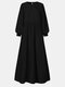 Women Ethnic Solid Color Puff Long Sleeve O-neck Dress - Black