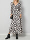 Leopard Flower Letters Dot Print Long Sleeve Tie Side Maxi Dress - Brown