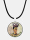 Cartoon Printed Men Women Necklace Adjustable Woman Wearing Flowers Glass Pendant Leather Necklace - #05
