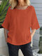 Женская однотонная блузка с круглым вырезом Шея из хлопка с рукавом 3/4 - апельсин
