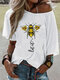 Flower Bee Letter Print Short Sleeve T-shirt For Women - White