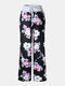 Plus Size Women Floral Printing Drawstring Waist Loose Casual Home Pajamas Pants - Black