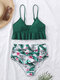 Women Plant Printed Ruffle Spaghetti Straps High Waisted Bikinis Swimsuit - Green