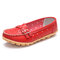 Leather Breathable Hollow Out Soft Sole Women Flat Casual Shoes - Red