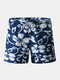 Men Blue Floral Print Short Beach Surfing Holiday Drawstring Casual Shorts - Blue