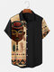 Mens Tribal Figure Pattern Patchwork Ethnic Short Sleeve Shirts - Black