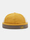 Unisex Corduroy Color-match Patchwork Embroidery Thread All-match Brimless Beanie Landlord Cap Skull Cap - Yellow