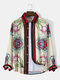 Mens Floral Striped Print Lapel Baroque Style Long Sleeve Shirts - Beige