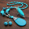 Vintage Turquoise Water Drop Pendant Earrings Ethnic Turquoise Necklace Earring Ring Bracelet Set - #05