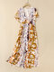 Vestido de manga curta com estampa de flores e decote em V profundo com fenda dupla - laranja